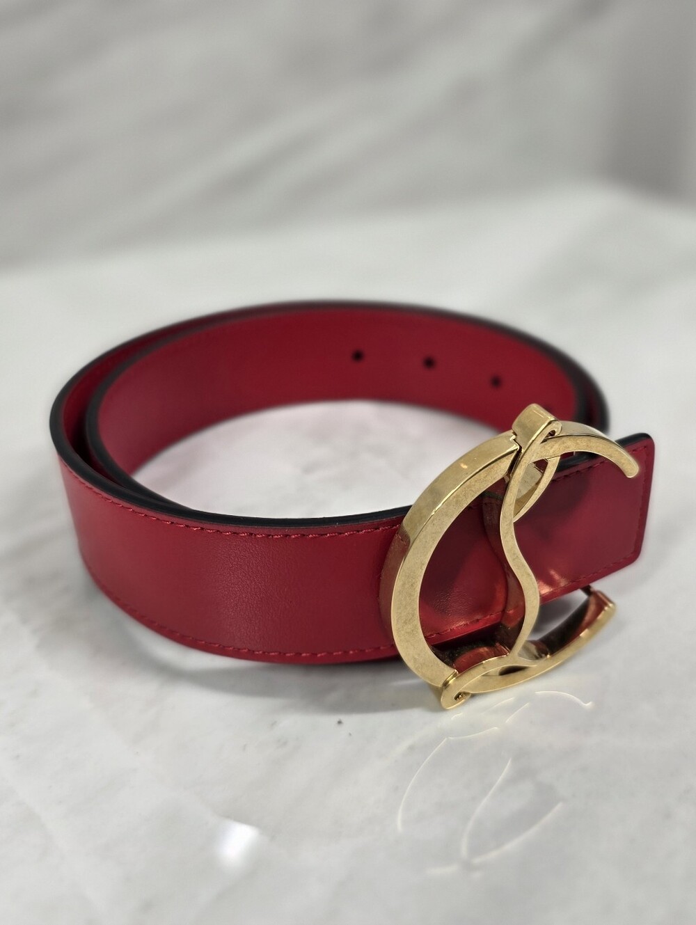 Christian Louboutin Red Leather Belt with Gold Signature Buckle - Picture 3 of 7